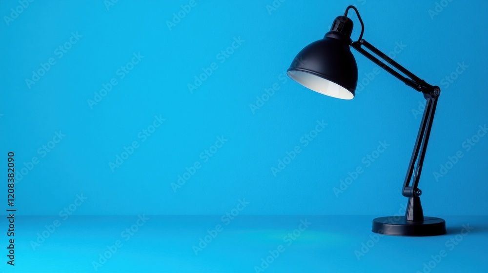 Blue background desk lamp illuminates workspace