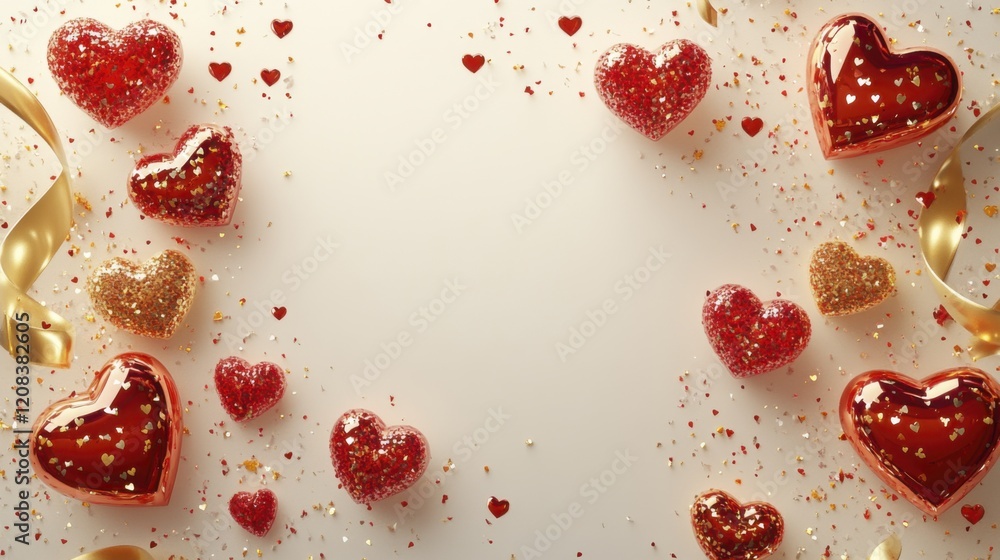 Festive red and gold heart decorations with glitter on white background Festive red and gold heart decorations with glitter on white background