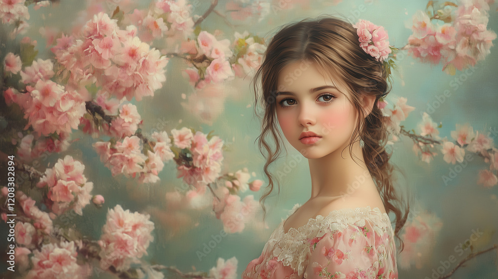 Fototapeta premium Dreamy Young Woman with Cherry Blossoms in Romantic Portrait Style