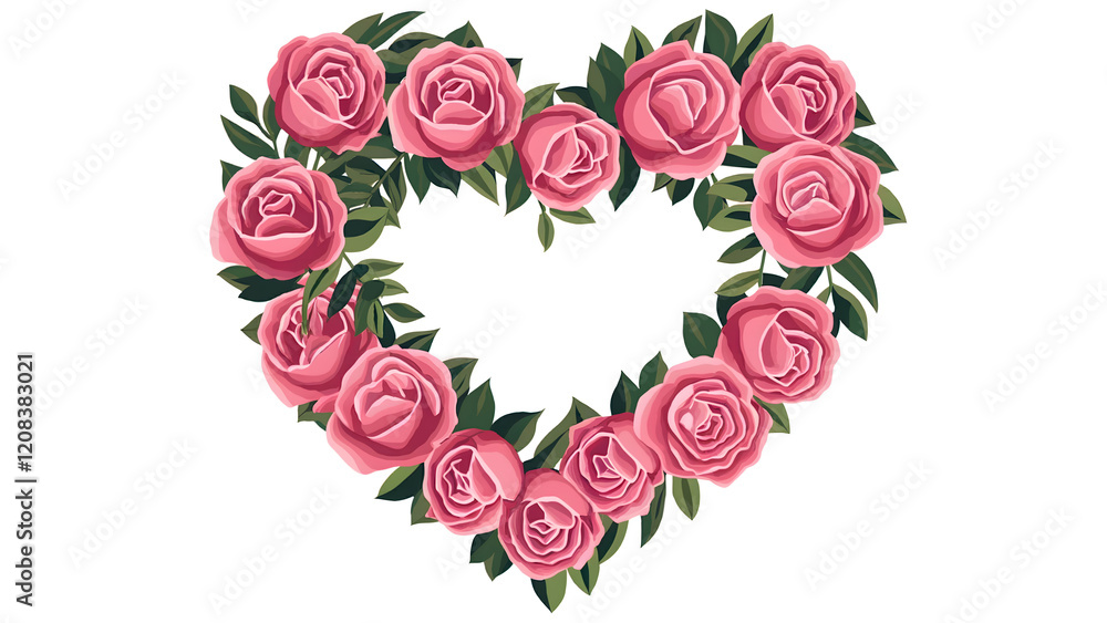 Heart-Shaped Pink Rose Wreath with Green Leaves on a White Background Heart-Shaped Pink Rose Wreath with Green Leaves on a White Background