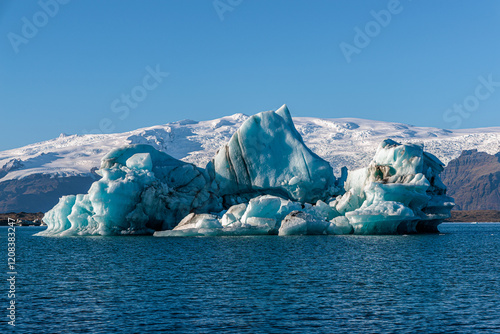 Jokulsarlon glacial lake with loose segments of glacier on the island of Iceland photo