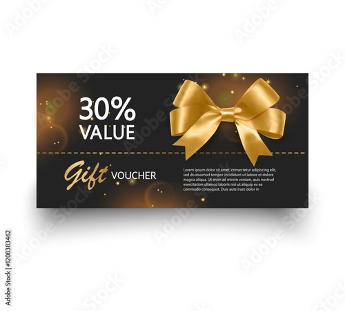 Gift voucher template with Gold realistic ribbon. Vector illustration. Design for invitation, certificate, gift coupon, ticket or voucher