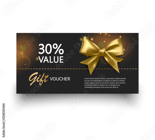 Gift voucher template with Gold realistic ribbon. Vector illustration. Design for invitation, certificate, gift coupon, ticket or voucher