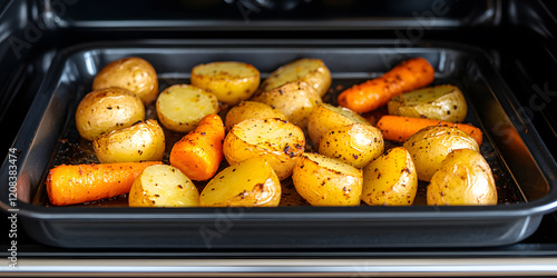 Golden roasted potatoes baking in the oven.  Perfect side dish! photo