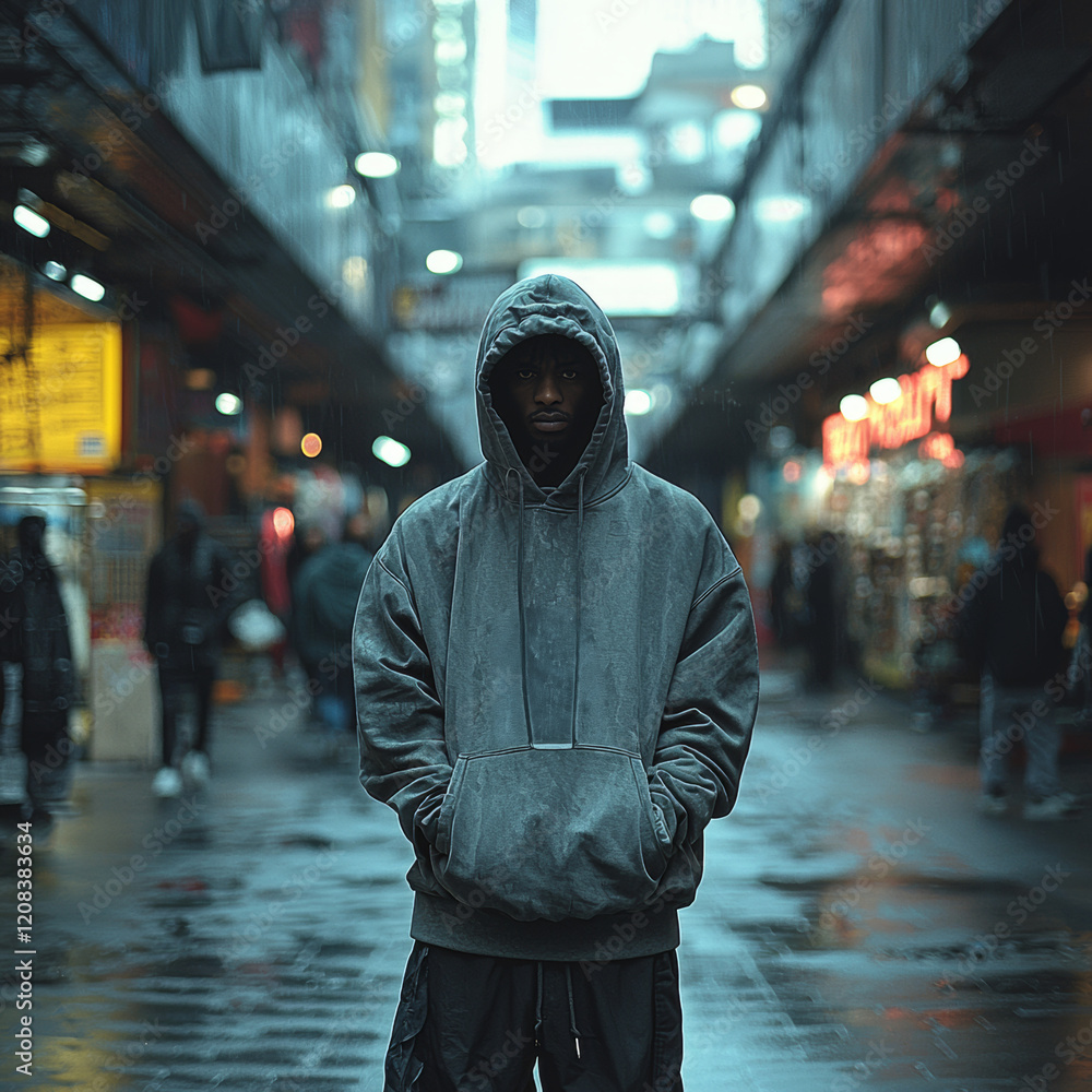Portrait of a person standing in a city market setting, rainy evening Portrait of a person standing in a city market setting, rainy evening
