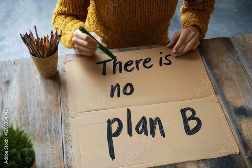 Environmental activist is writing there is no plan b on a piece of cardboard, highlighting the urgency of climate action and environmental protection with a clear message photo