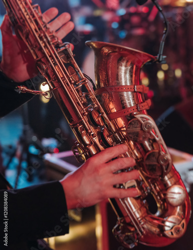 Canvas Print Concert view of saxophonist musician, saxophone sax player with vocalist and mus