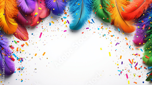 Am oberen Rand ragen bunte Federn vor weißem Hintergrund, buntes Konteffit liegt im Bild, isolierte Freifläche mittig, Querformat