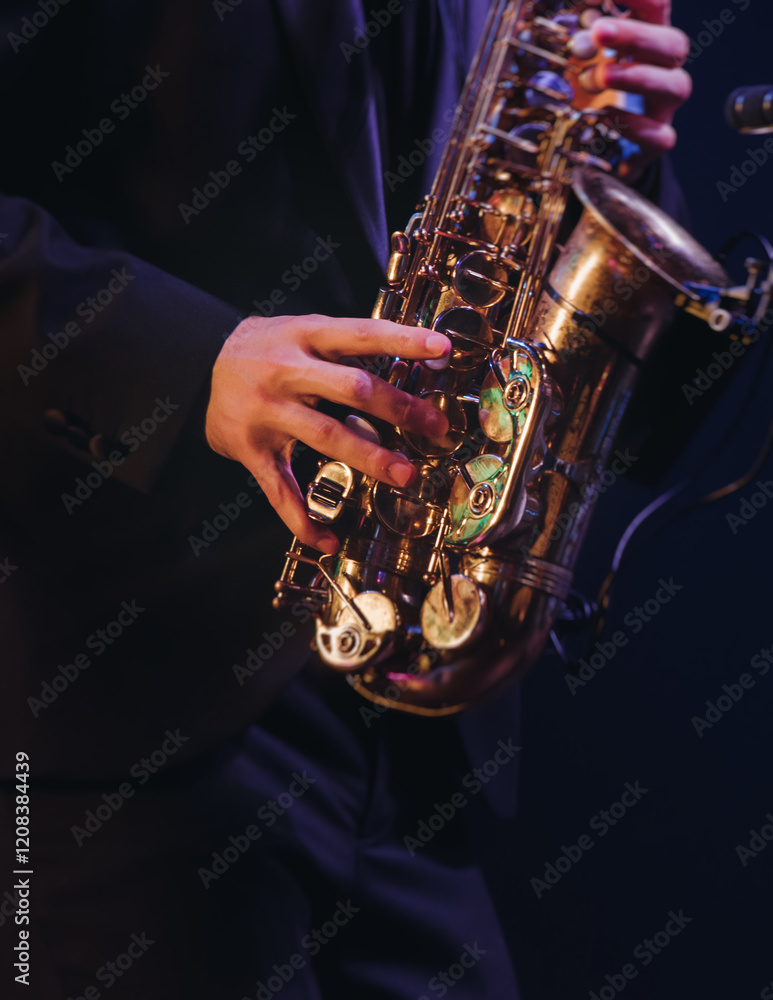 Fototapeta premium Concert view of saxophonist musician, saxophone sax player with vocalist and musical band during jazz orchestra show performing music on a stage in the scene lights, concert in a musical club hall
