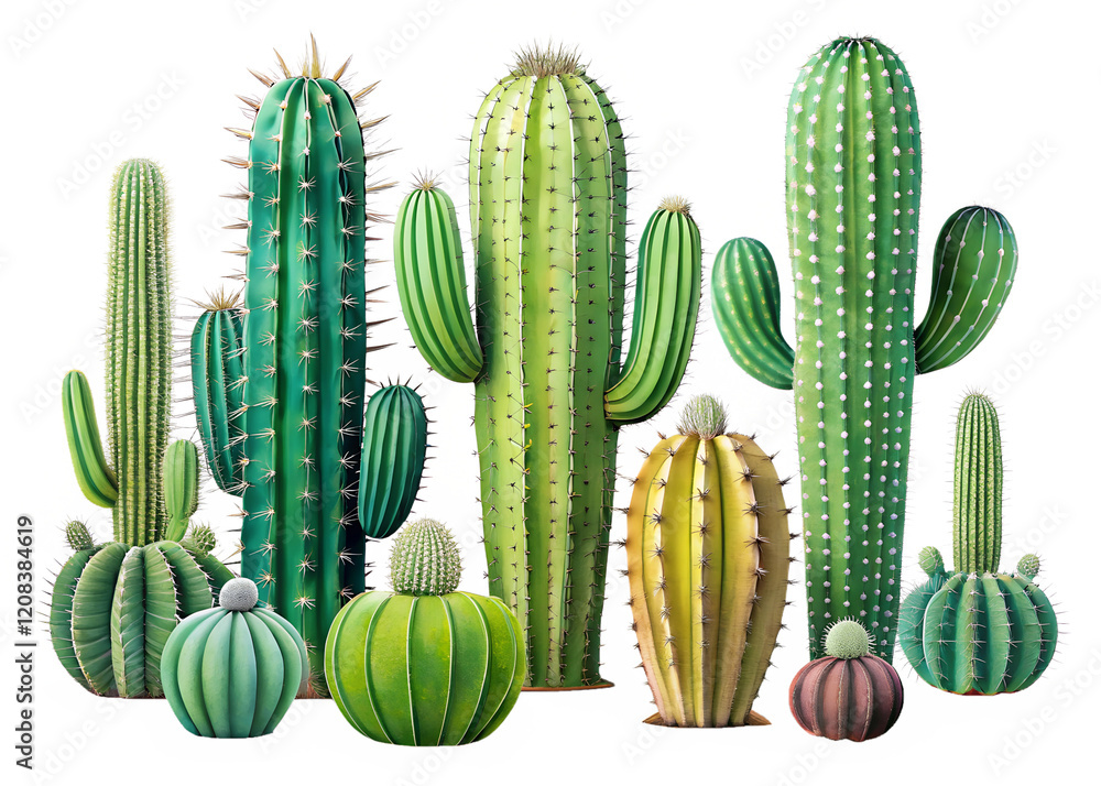 A cactus in the desert isolated on a white background with a blue sky, showcasing a sharp and dry saguaro plant typical of Arizona's arid landscape