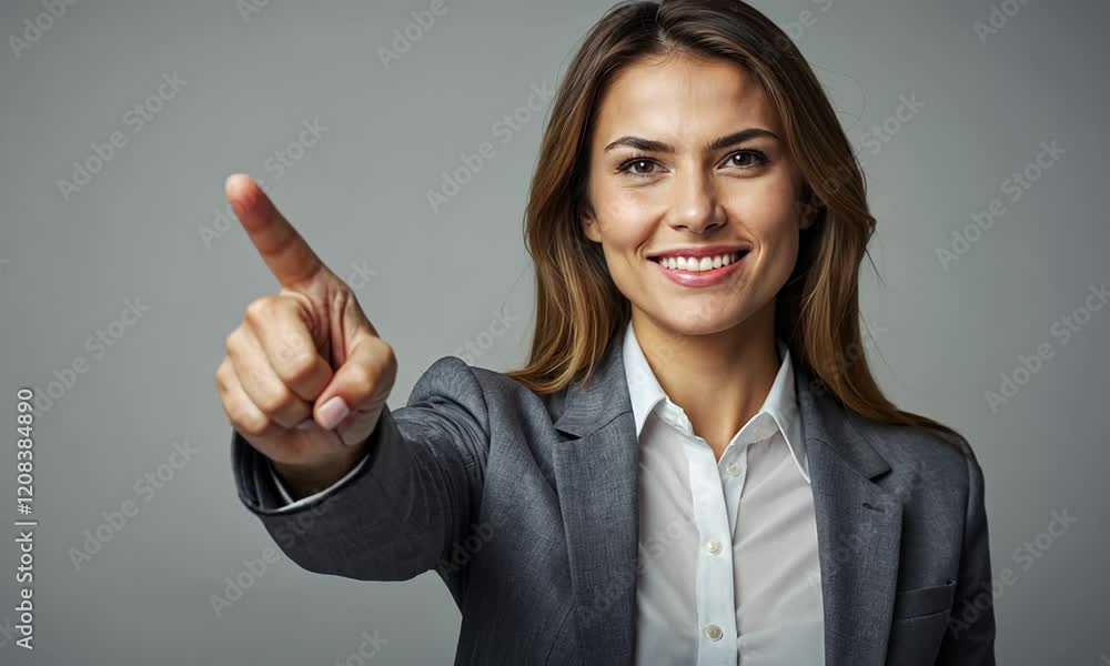 Businesswoman showcasing confidence with an index finger gesture during corporate interactions Businesswoman showcasing confidence with an index finger gesture during corporate interactions