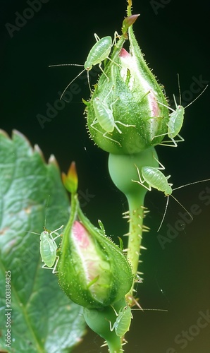 Aphids infesting rose buds, damaging flowers and plants in the garden environment. photo