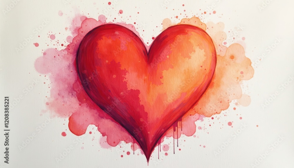 Vibrant Watercolor Heart Painting on White Background: Red and Orange Contrast Vibrant Watercolor Heart Painting on White Background: Red and Orange Contrast