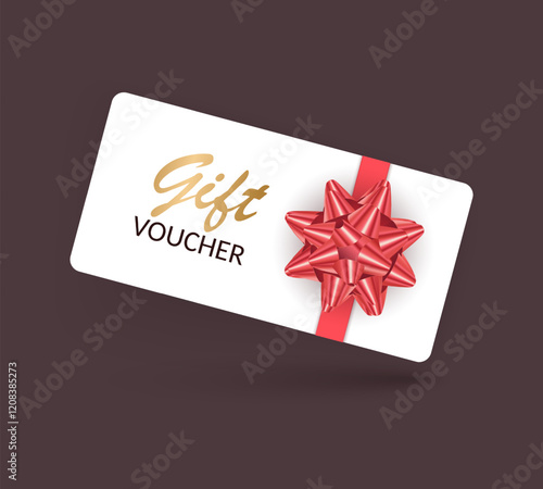 Gift voucher template with Red realistic ribbon. Vector illustration. Design for invitation, certificate, gift coupon, ticket or voucher