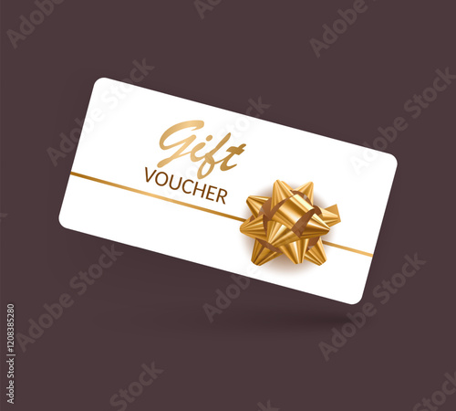 Gift voucher template with Gold realistic ribbon. Vector illustration. Design for invitation, certificate, gift coupon, ticket or voucher