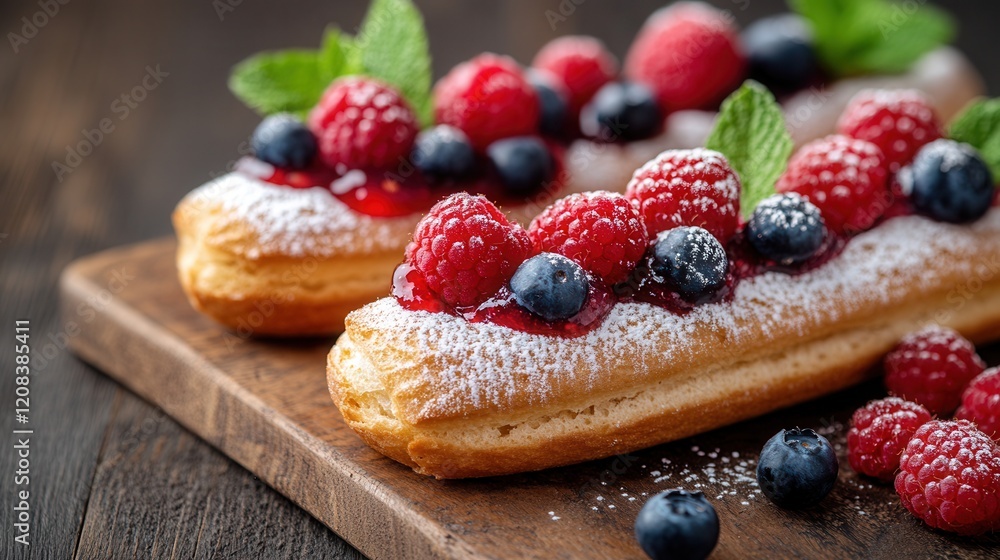 Fresh eclairs topped with berries and powdered sugar on a rustic wooden board Fresh eclairs topped with berries and powdered sugar on a rustic wooden board