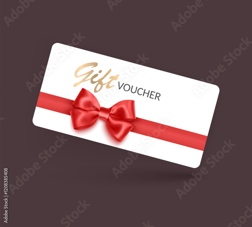 Gift voucher template with Red realistic ribbon. Vector illustration. Design for invitation, certificate, gift coupon, ticket or voucher