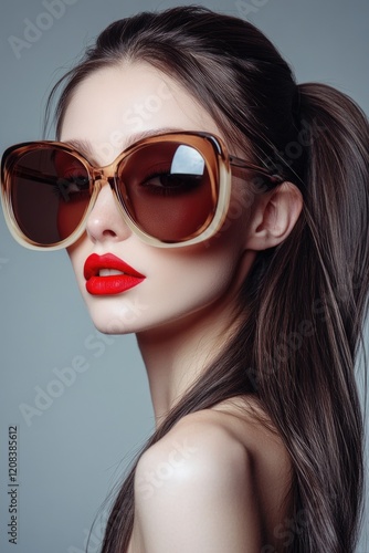 Wallpaper Mural A woman wearing red lipstick and sunglasses, possibly in a glamorous or stylish setting Torontodigital.ca