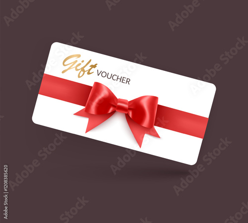 Gift voucher template with Red realistic ribbon. Vector illustration. Design for invitation, certificate, gift coupon, ticket or voucher
