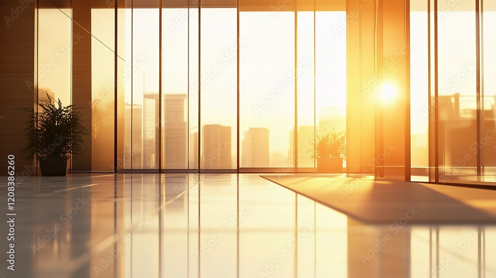 Fototapeta premium Modern Glass Office Building Bathed in Warm Sunlight