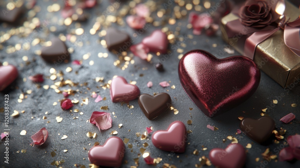 Obraz premium Romantic heart-shaped chocolates and rose petals with gift box on dark surface