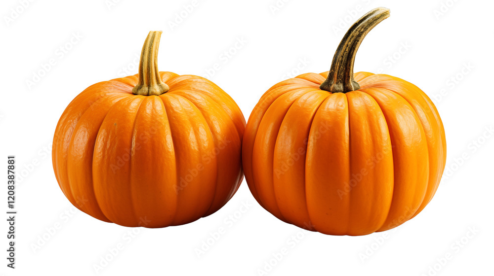 Isolated PNG of two orange pumpkins, perfect for seasonal and Thanksgiving-themed projects, studio view, isolated on transparent background. Isolated PNG of two orange pumpkins, perfect for seasonal and Thanksgiving-themed projects, studio view, isolated on transparent background.
