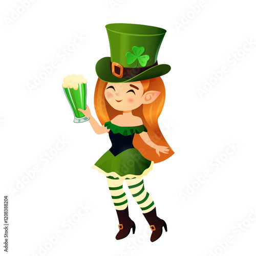 A vibrant illustration of a cheerful leprechaun girl dressed in a green St. Patrick's Day outfit, complete with a clover-decorated top hat, striped stockings, and brown boots. The character holds a