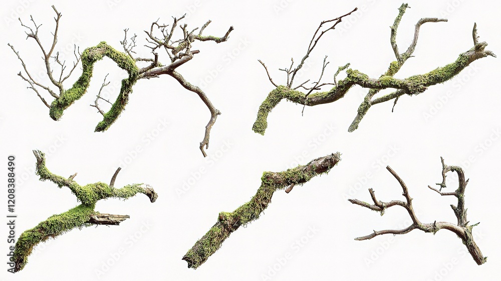 Fototapeta premium Dried Mossy Tree Branches Collection Isolated on White Background
