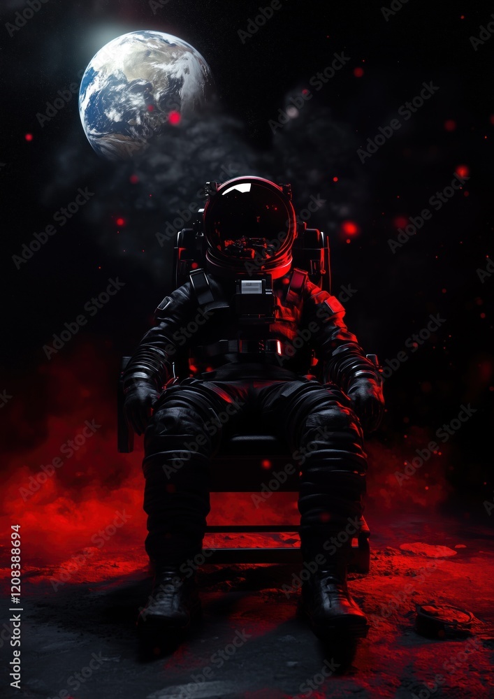 Naklejka premium Un espace sombre avec la planète Terre en arrière-plan, un astronaute, vue de face, assis sur une chaise portant une combinaison spatiale et un casque noir, lumière rouge.