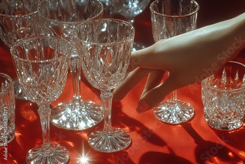 A person stretching out to grab a wine glass from a table photo