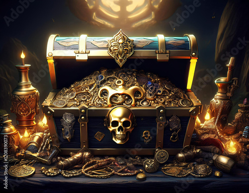 a captivating cgi scene of a pirate chest overflowing with gold and artifacts surmounted by a skull photo