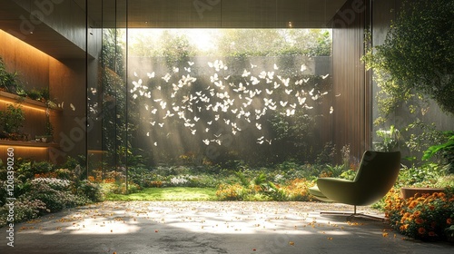 Sunlit indoor garden with butterflies, chair, peaceful scene, relaxation, home design photo