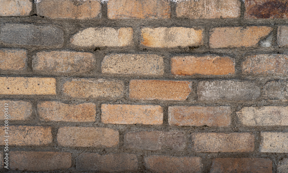 Fototapeta premium Fotografía Detallada de Pared de Ladrillos Antiguos en Tonos Beige y Marrón Claro, con Cemento Gris Irregular y Signos de Desgaste Natural en Exterior
