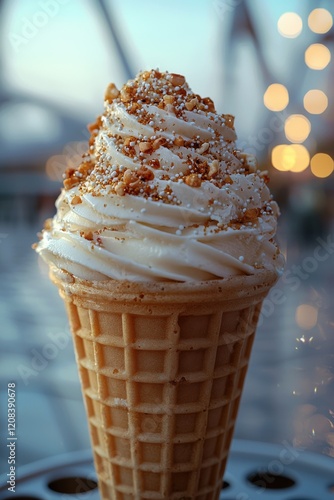 Delicious ice cream cone topped with crushed nuts at sunset near an amusement park photo