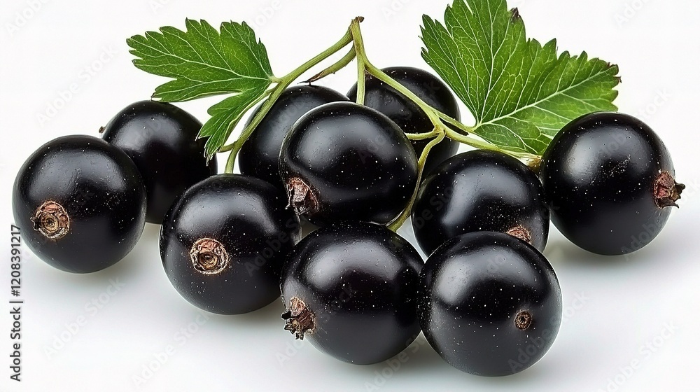 Fresh Black Currant Berries with Green Stems and Leaves Display Fresh Black Currant Berries with Green Stems and Leaves Display