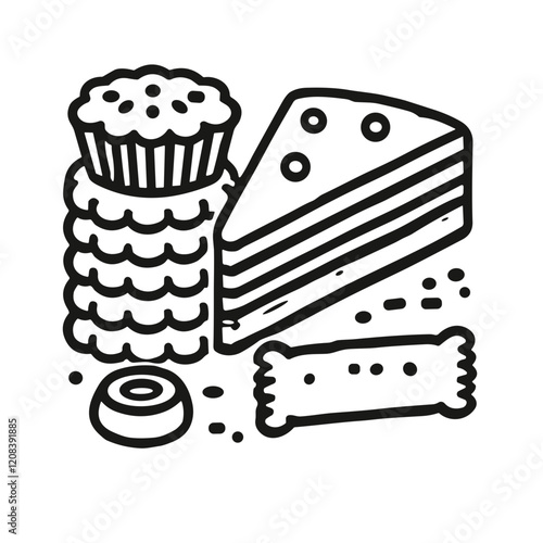 Delicious dessert icon featuring a variety of cakes, pastries, and cookies, representing sweetness and indulgence.