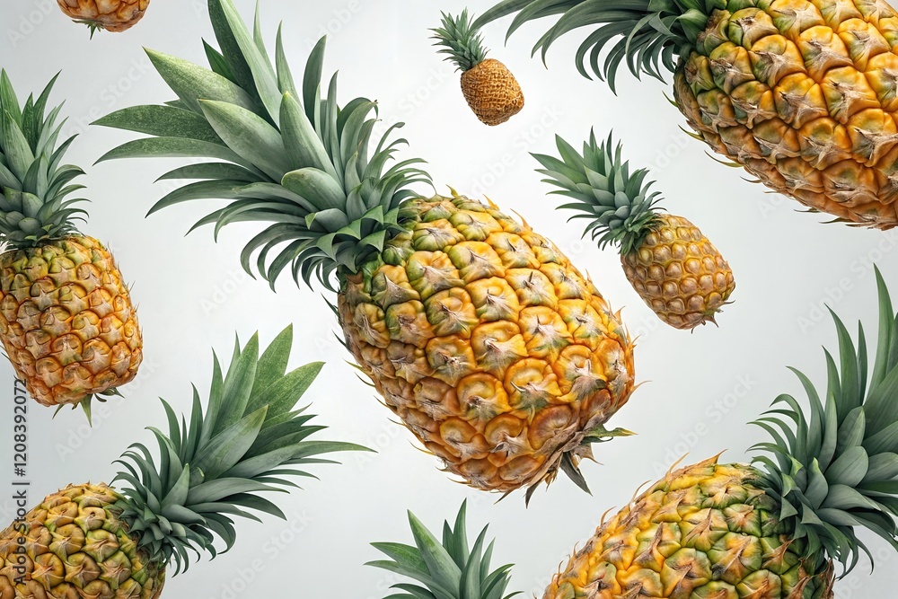 Close-up of levitating pineapples, ideal for tropical-themed brand wallpapers and creative design concepts Close-up of levitating pineapples, ideal for tropical-themed brand wallpapers and creative design concepts