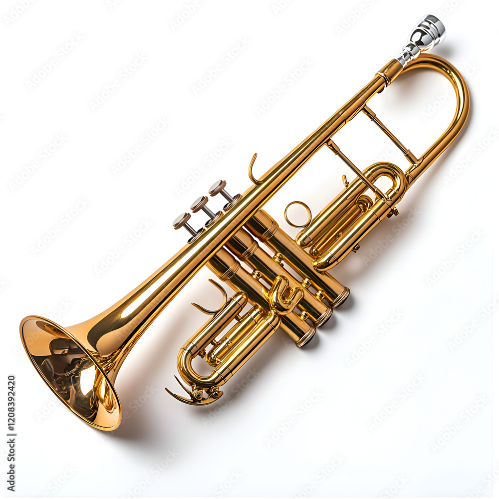 Obraz premium Shiny Gold Trumpet Close Up in Music Studio Showcasing Jazz Performance and Brass Artistry