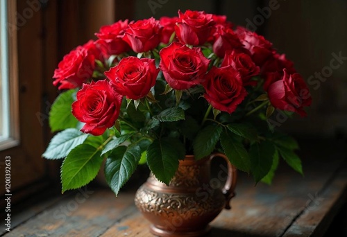 Wallpaper Mural Elegant Bouquet of Red Roses in a Vintage Vase Captures Timeless Beauty Indoors Torontodigital.ca