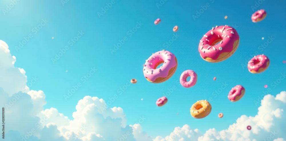 Fototapeta premium Flying doughnuts in the sky with blue background, yummy, flying, dessert