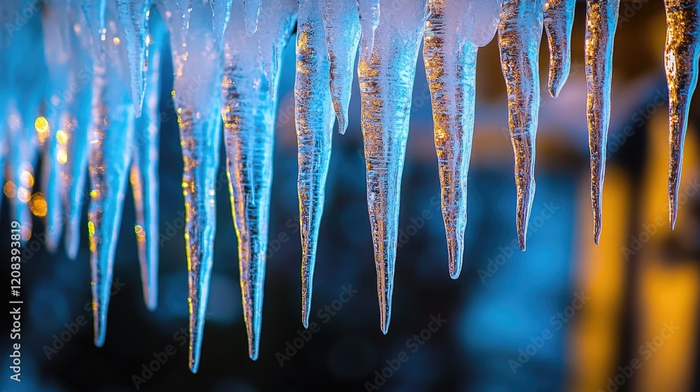 Frozen water droplets hanging from the roof of a house, perfect for winter scenes or cold weather photography Frozen water droplets hanging from the roof of a house, perfect for winter scenes or cold weather photography