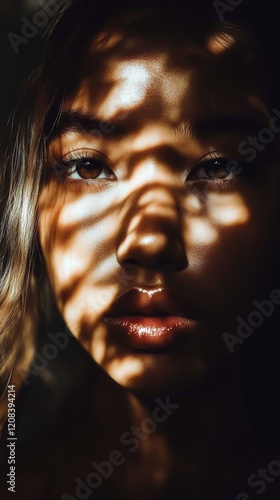 Close-up portrait of a person with dramatic lighting highlighting half of their face in sunlight while the other half remains in shadow