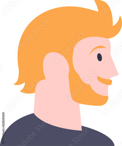 Profile view portrait showcasing a smiling ginger man with a beard, dressed in a dark blue t shirt, looking confidently to the right with a cheerful expression