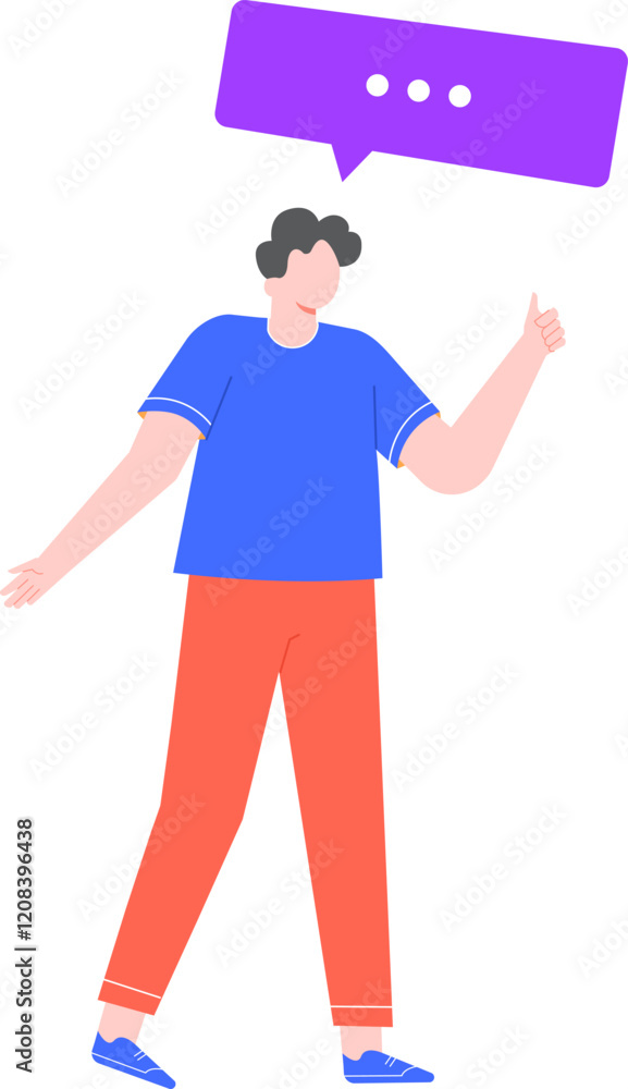 Young man making a gesture with his thumb up and a purple speech bubble with suspension points above his head, expressing his agreement or approval Young man making a gesture with his thumb up and a purple speech bubble with suspension points above his head, expressing his agreement or approval