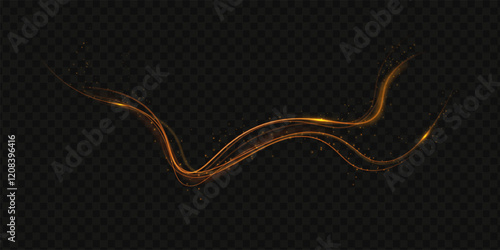 Gold curved light line, rope, tape. Smooth festive gold line png with light effects. Light golden Twirl png. Garland light gold