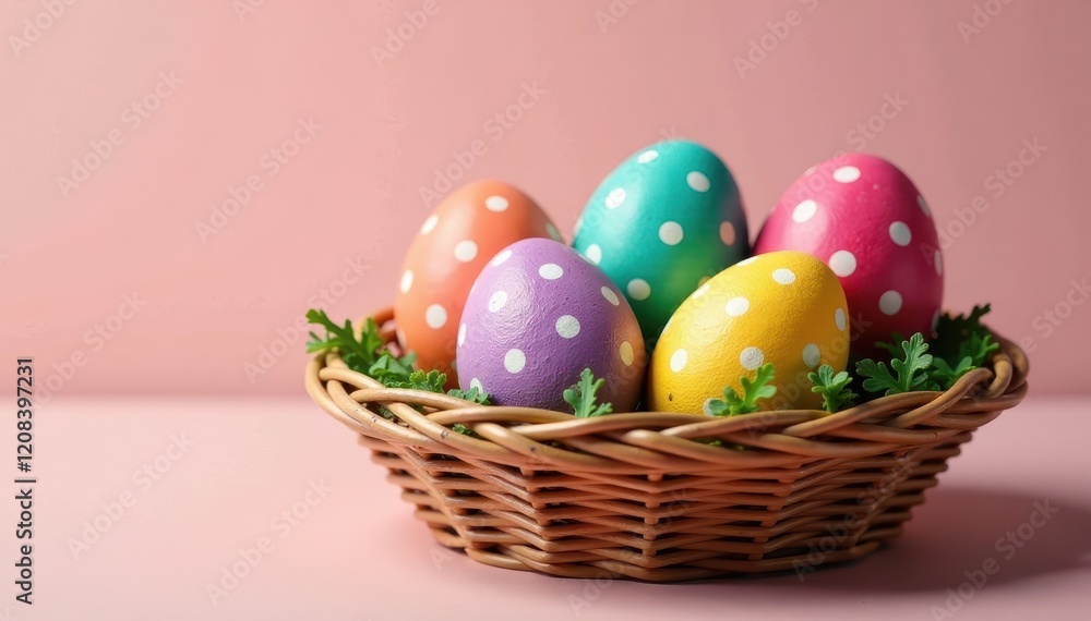 Polka-dotted, rainbow hued eggs nestled in a woven basket , basket, eggs Polka-dotted, rainbow hued eggs nestled in a woven basket , basket, eggs