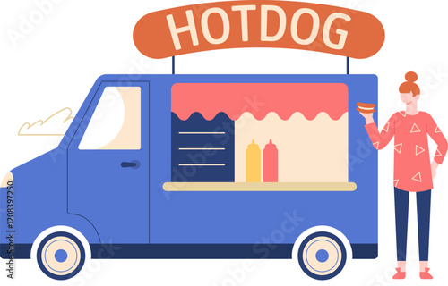 Customer holding a hot dog while standing near a vibrant blue food truck, showcasing bottles of mustard and ketchup on the counter, enjoying a delicious street food experience