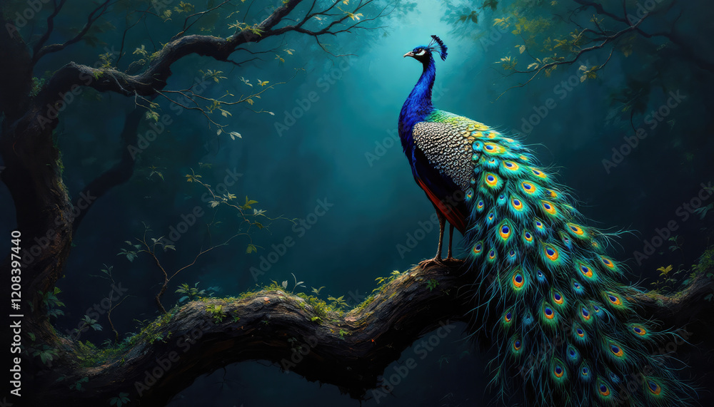 Naklejka premium A wild peacock bird standing on a tree branch. Peacocks, baby peacock wallpaper