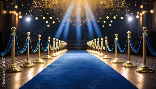 elegant blue carpet leads to grand stage surrounded by gold ropes and sparkling backdrop