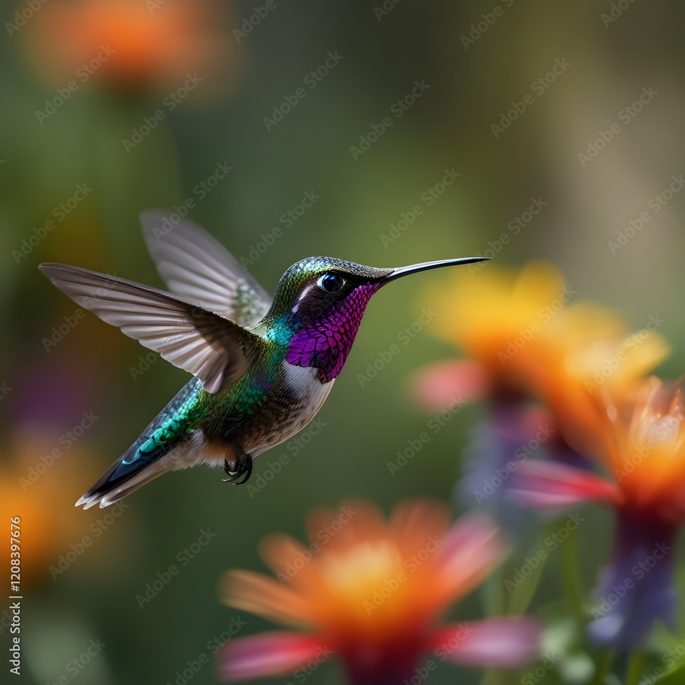 Fototapeta premium A ruby-throated hummingbird pauses mid-flight over a vibrant daisy, its emerald green and deep red hues glowing in natural light.